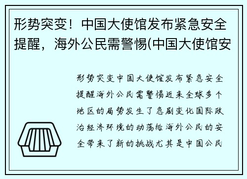 形势突变！中国大使馆发布紧急安全提醒，海外公民需警惕(中国大使馆安全吗)