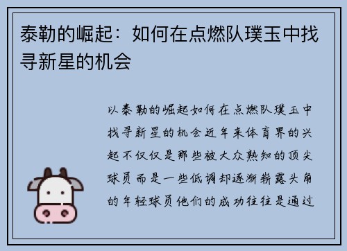 泰勒的崛起：如何在点燃队璞玉中找寻新星的机会