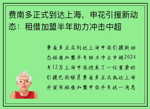 费南多正式到达上海，申花引援新动态：租借加盟半年助力冲击中超
