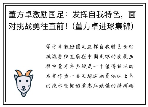 董方卓激励国足：发挥自我特色，面对挑战勇往直前！(董方卓进球集锦)