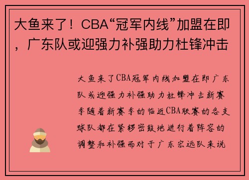 大鱼来了！CBA“冠军内线”加盟在即，广东队或迎强力补强助力杜锋冲击新赛季