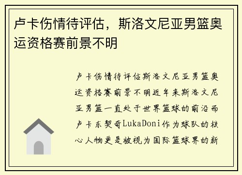 卢卡伤情待评估，斯洛文尼亚男篮奥运资格赛前景不明
