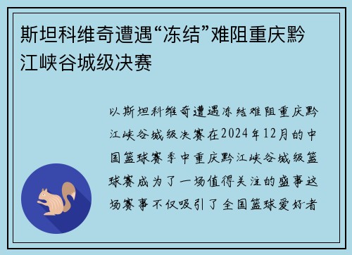 斯坦科维奇遭遇“冻结”难阻重庆黔江峡谷城级决赛