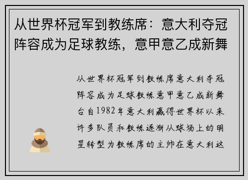 从世界杯冠军到教练席：意大利夺冠阵容成为足球教练，意甲意乙成新舞台
