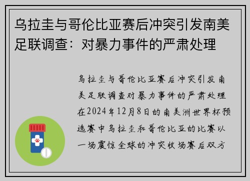乌拉圭与哥伦比亚赛后冲突引发南美足联调查：对暴力事件的严肃处理