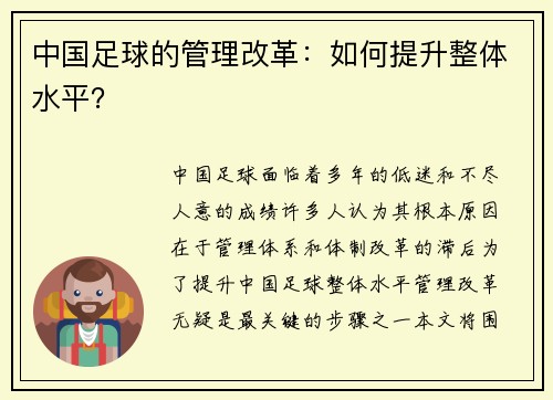 中国足球的管理改革：如何提升整体水平？