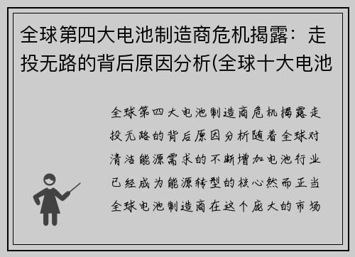 全球第四大电池制造商危机揭露：走投无路的背后原因分析(全球十大电池制造商)