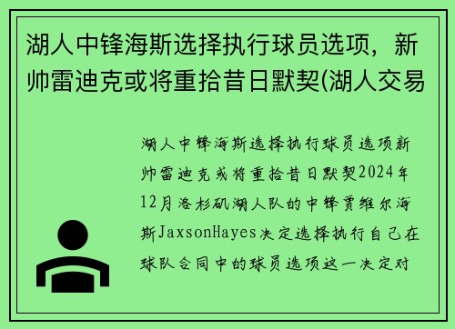 湖人中锋海斯选择执行球员选项，新帅雷迪克或将重拾昔日默契(湖人交易雷迪克)