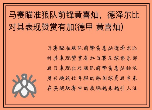 马赛瞄准狼队前锋黄喜灿，德泽尔比对其表现赞赏有加(德甲 黄喜灿)
