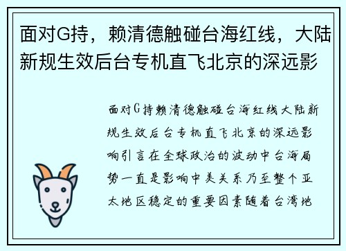 面对G持，赖清德触碰台海红线，大陆新规生效后台专机直飞北京的深远影响