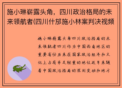 施小琳崭露头角，四川政治格局的未来领航者(四川什邡施小林案判决视频)